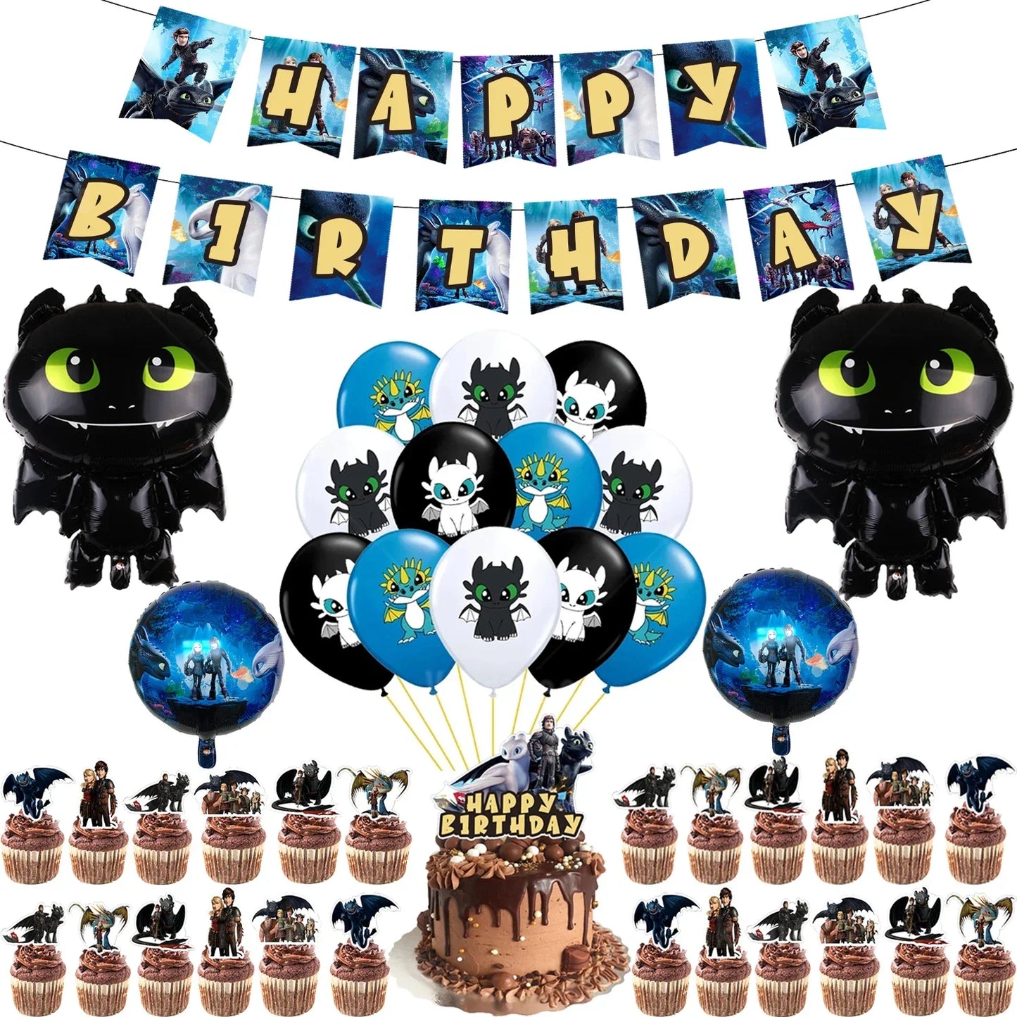 1set How Train Dragon Balloons No Teeth Toothlessing Green Eye Black Loong Party Decoration Happy Birthday Banner Cake Topper