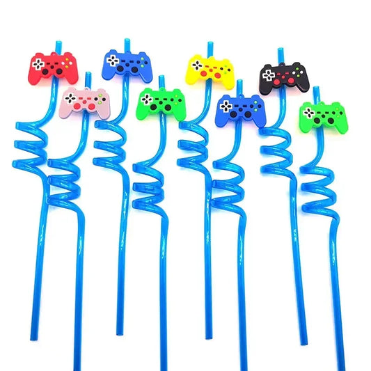 8pcs 26cm Reusable Game Controller Plastic Helical Straws Gamepad Toys Straw Game Console Theme Kids Birthday Party Decor