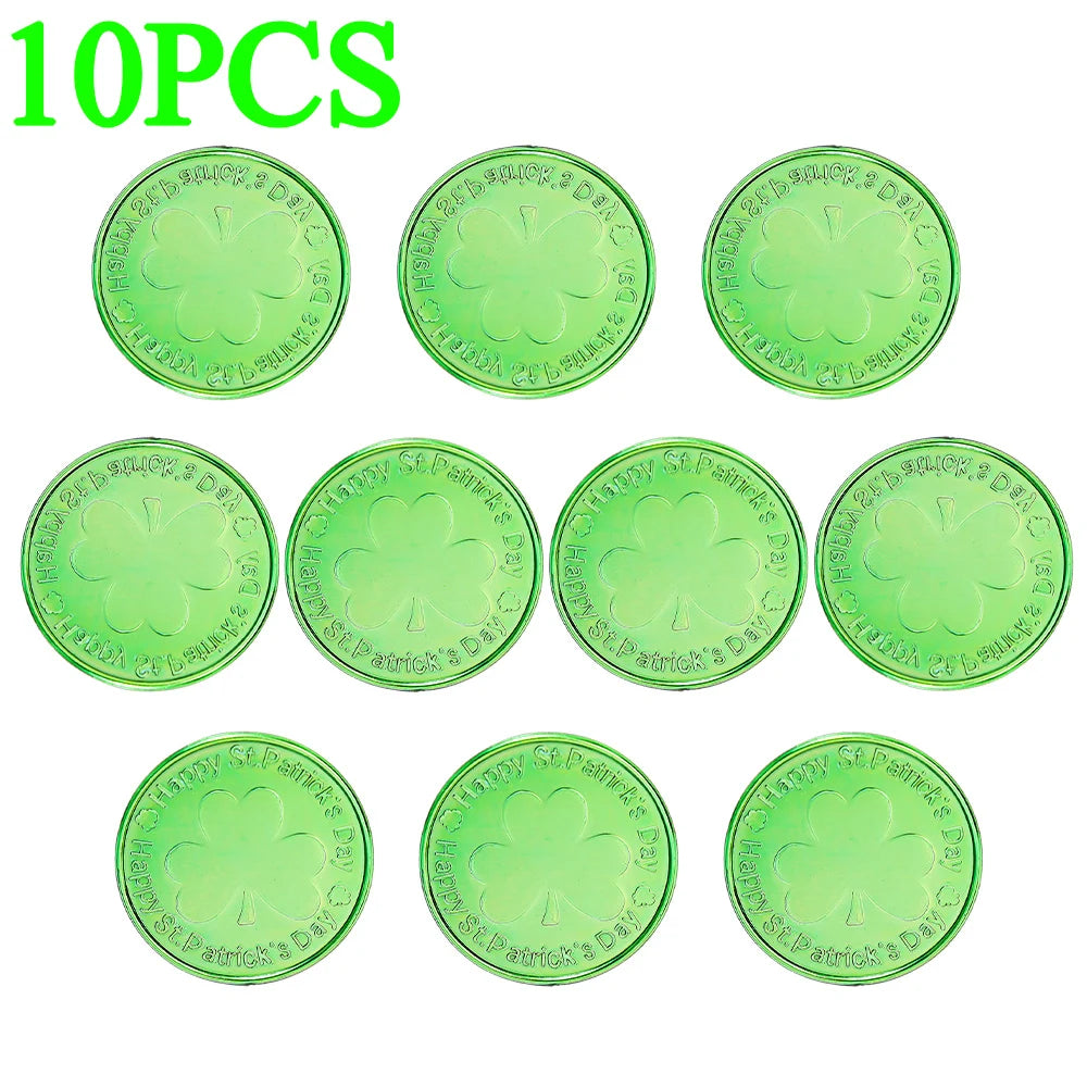 10-100Pcs St Patricks Day Prop Coins Green Gold Clover Lucky Shamrock Party Decoration Props Party Gifts Favors Green Coins Toys
