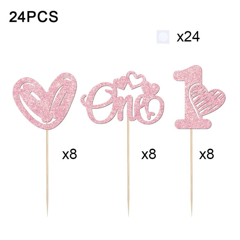 YOMDID 24Pcs Valentine's Day Cupcake Picks 1st Birthday Cupcake Toppers One Love Heart Picks Cake Decorations Party Supplies