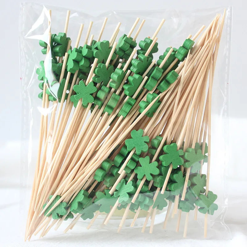 100Pcs Green Shamrock Cover Disposable Bamboo Food Picks St. Patrick's Day Theme Dessert Fruit Forks for Irish Saint Party Decor