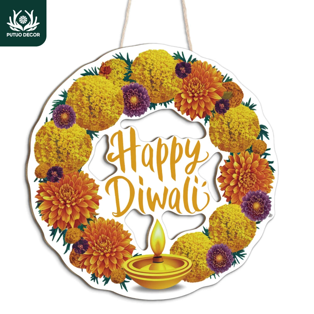 Putuo Decor 1pc Diwali Wood Hang Decoration, Wall Decor for Home Farmhouse Living Room Bedroom, The Hindu Festival Happy Diwali