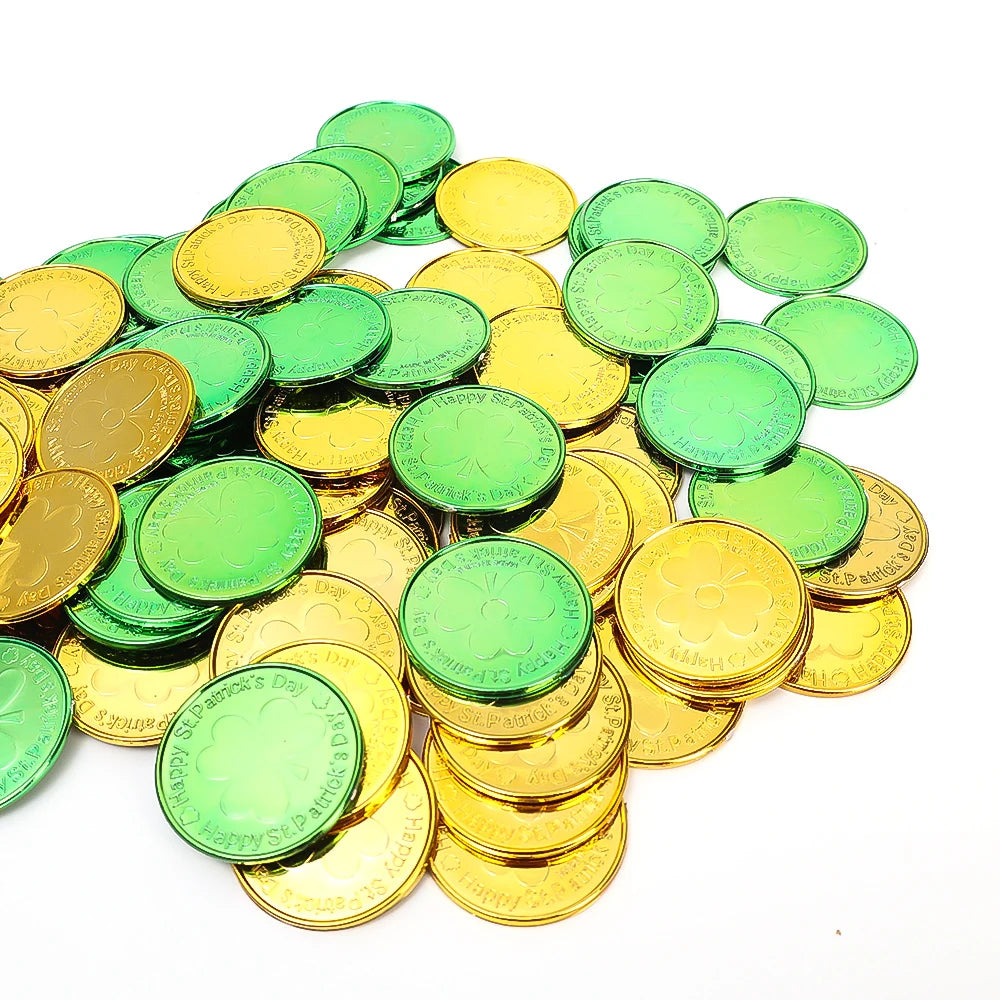 10-100Pcs St Patricks Day Prop Coins Green Gold Clover Lucky Shamrock Party Decoration Props Party Gifts Favors Green Coins Toys