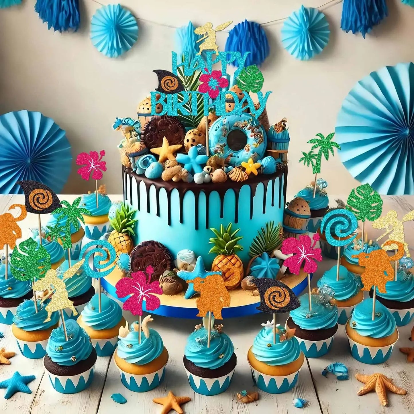 Moana Cake Topper Glittery Cupcake Toppers Hawaiian Birthday Party Decoration for Tropical Luau Summer Party Baby Shower Wedding