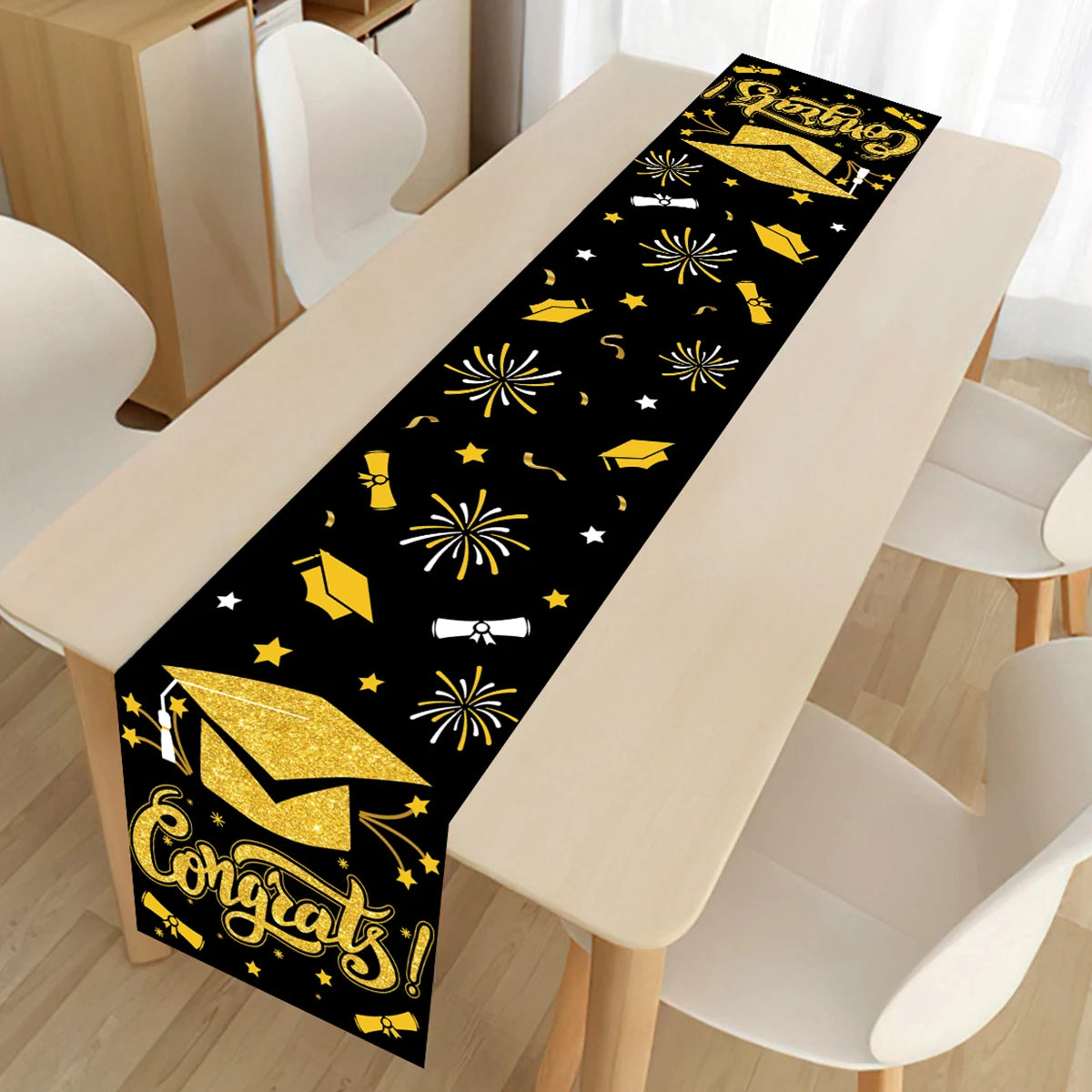 Graduation Table Runner Graduation Decorations 2025 Black Gold Polyester Graduation Table Cloth Prom Grad Party Table Decoration