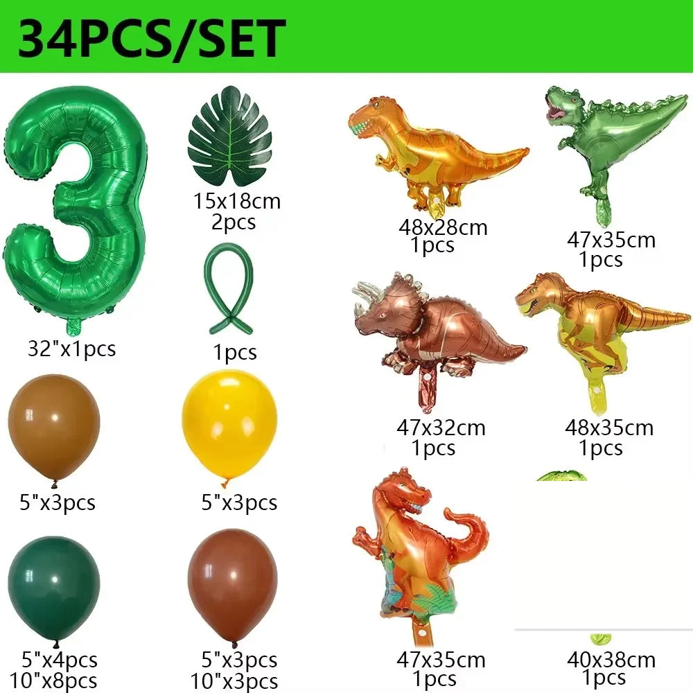32 英寸 Number Dinosaur Birthday Party Dino Balloons Palm Leaf Set First Bthday Boy Party Kids Baby Shower Jungle Safari Deco