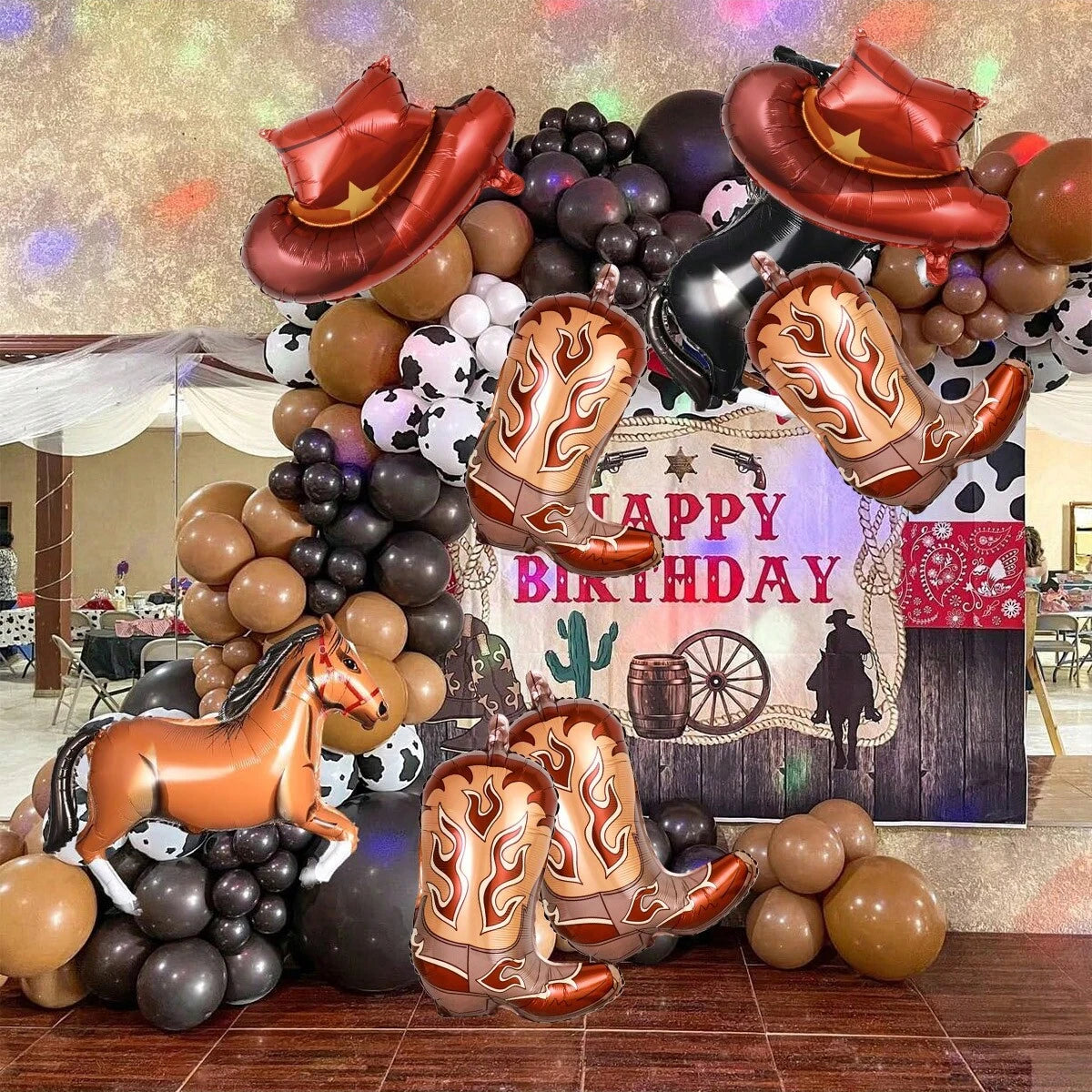 8pcs western themed party balloons, including cowboy boots and cowboy hat balloons, western themed birthday, bachelorette party