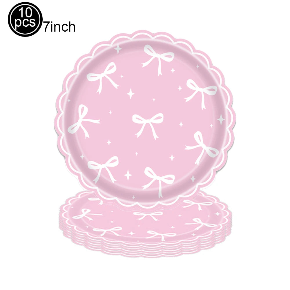 Bow Theme Party Supplies for Girl Pink Bow Cupcake Toppers Paper Drinking Straws Bridal Shower Bow Coquette Birthday Party Decor
