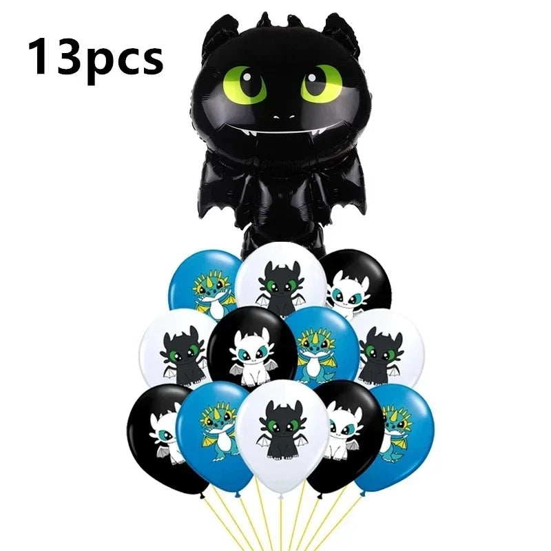 1set How Train Dragon Balloons No Teeth Toothlessing Green Eye Black Loong Party Decoration Happy Birthday Banner Cake Topper