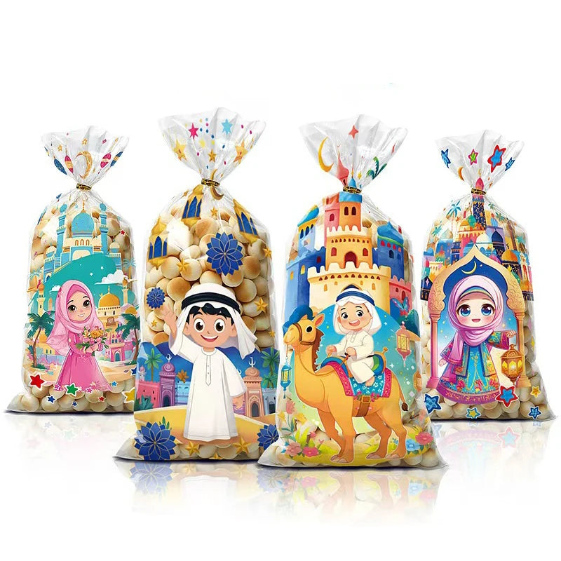 50pcs Eid Mubarak Gift Bags Plastic Cellophane Treat Bags Ramadan Decorations Clear Goodie Candy Bags for Hajj Mubarak Decor