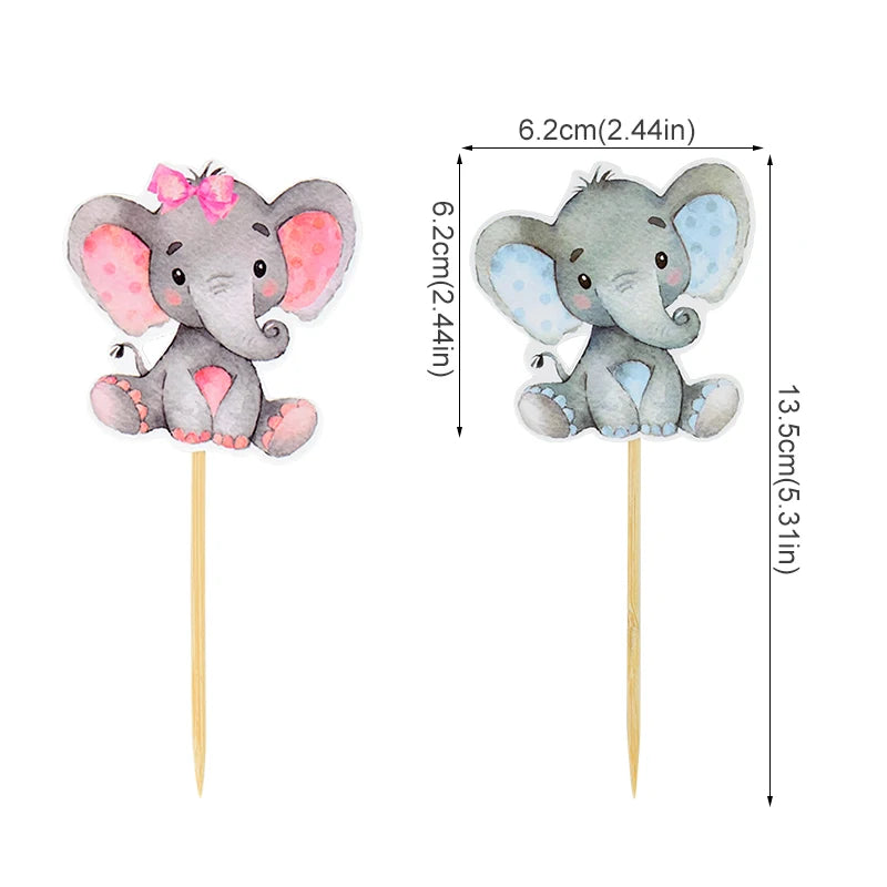 12Pcs Blue Pink Elephant Cupcake Topper Kids Birthday Baby Shower Elephant Cake Decoration Boy Girl Gender Reveal Party Supplies