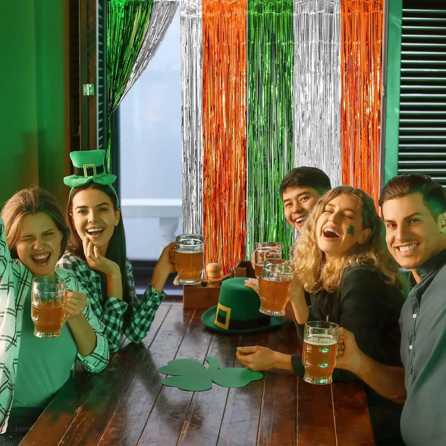 3 Pack St. Patrick's Day Foil Fringe Curtains Green White Orange Tinsel Fringe Photo Booth Prop Backdrop for Irish Party Decor