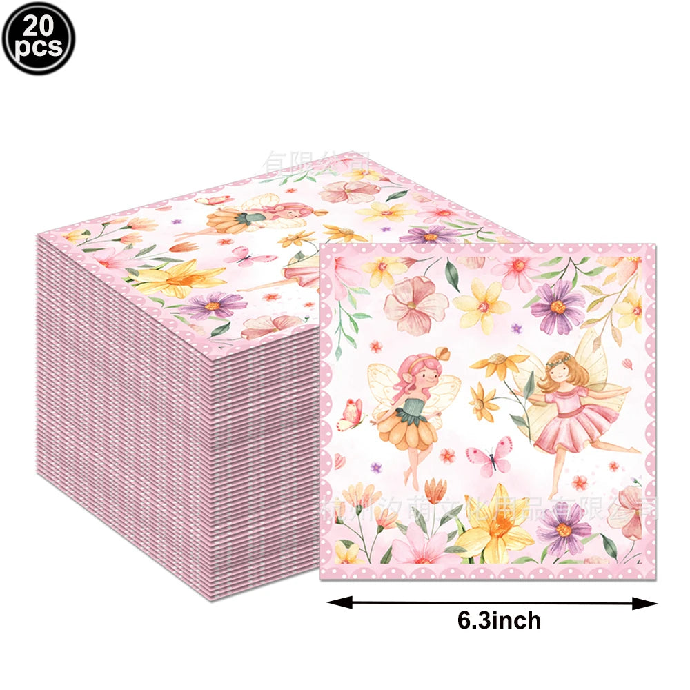 Pink Fairy Party Disposable Tableware Fairy Birthday Party Supplies Plate Cup Napkin Tablecloth Flower Fairies Birthday Decors