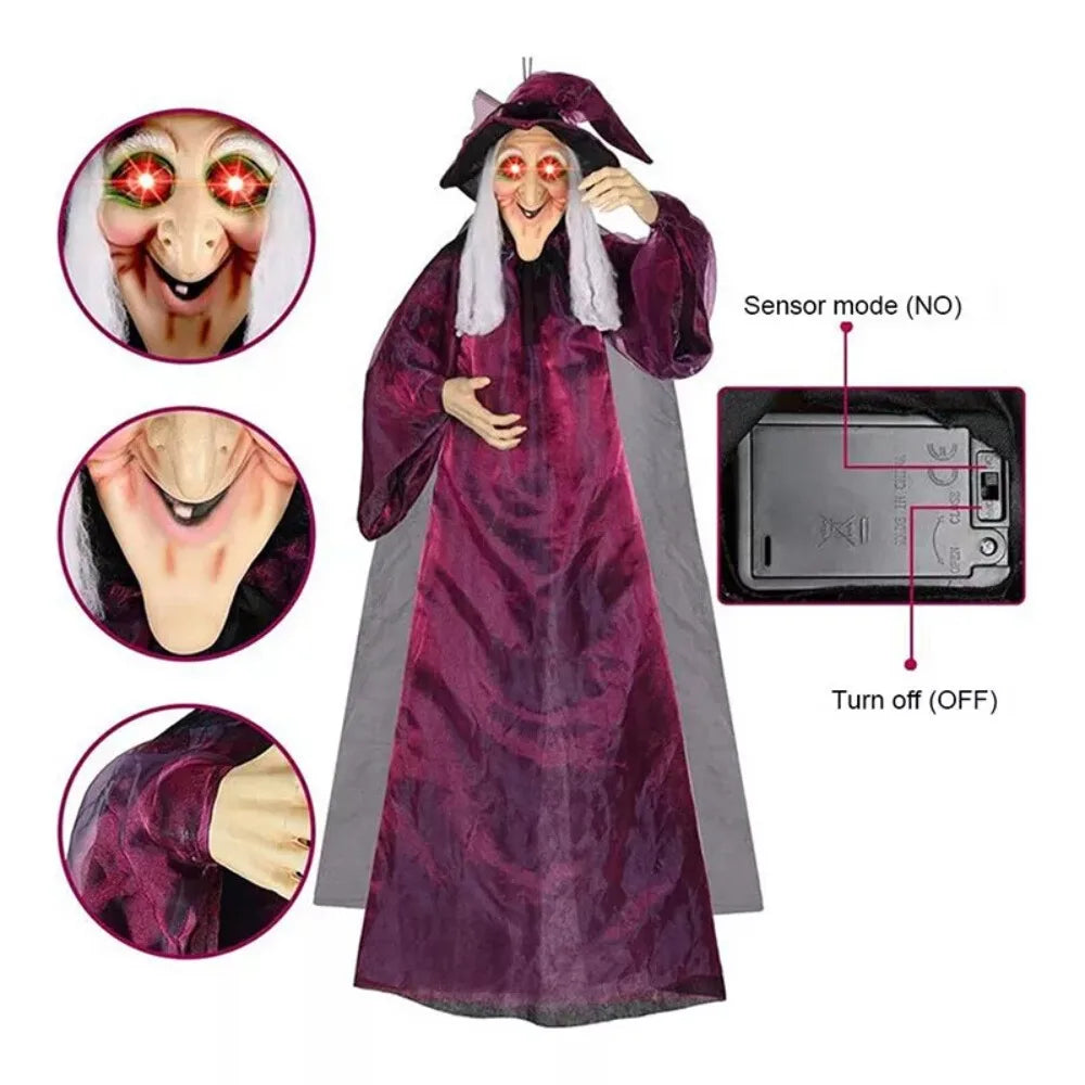 Halloween Life Size Talking Witch Outdoor Purple Spooky Animatronic Witch Decor Prop Halloween Decoration Red Eye Animated Witch