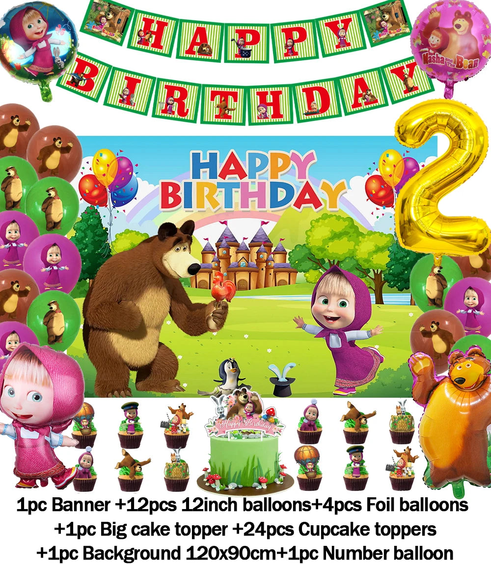 Cartoon Girl-Mashas-And Bear Kids Birthday Party Digital Balloon Banner Background Cake Topper Decoration Supplies Baby Gifts