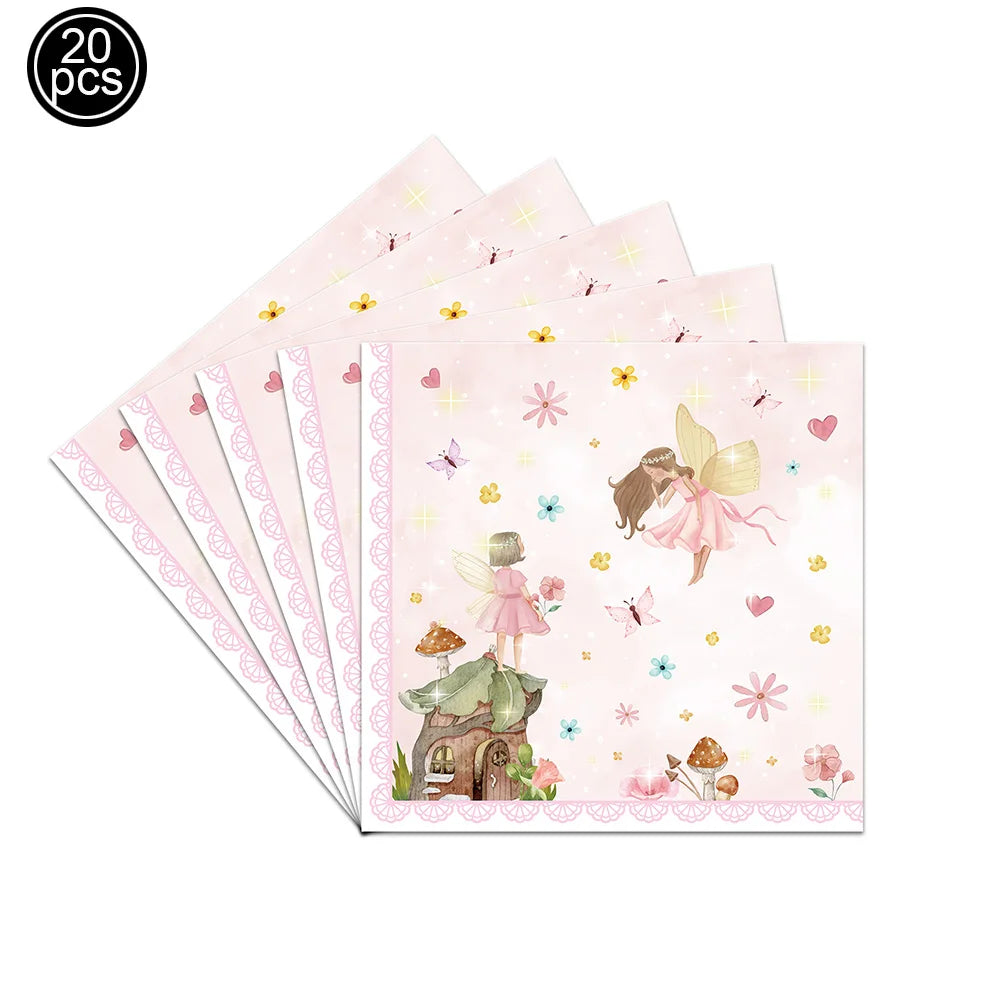 Pink Fairy Party Disposable Tableware Fairy Birthday Party Supplies Plate Cup Napkin Tablecloth Flower Fairies Birthday Decors