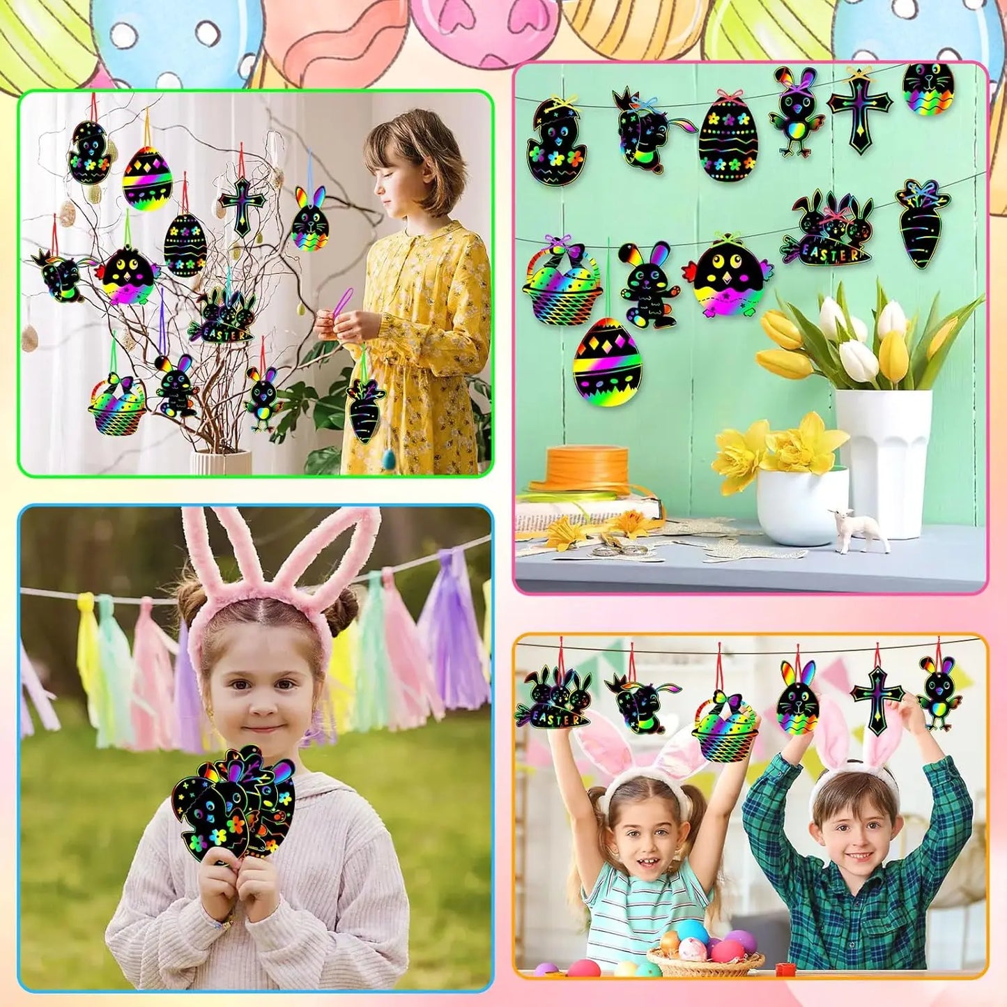 12pcs Easter Magic Scratch Paint Easter Eggs Crafts DIY for Making Holiday Gifts Egg Basket Fillers Party Decorations