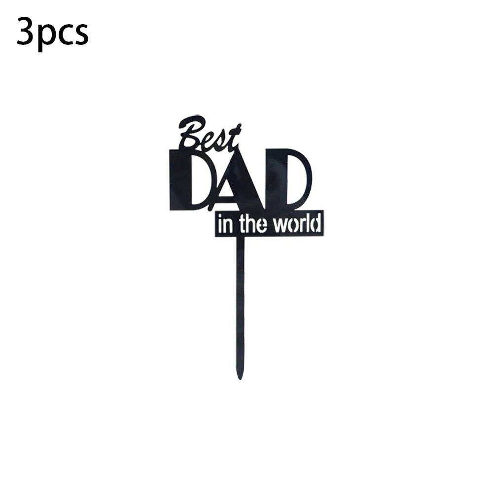 3pcs Gold Black Best Dad in the world Cake Topper Decorations for Father's Day Birithday Party Cake Decorations