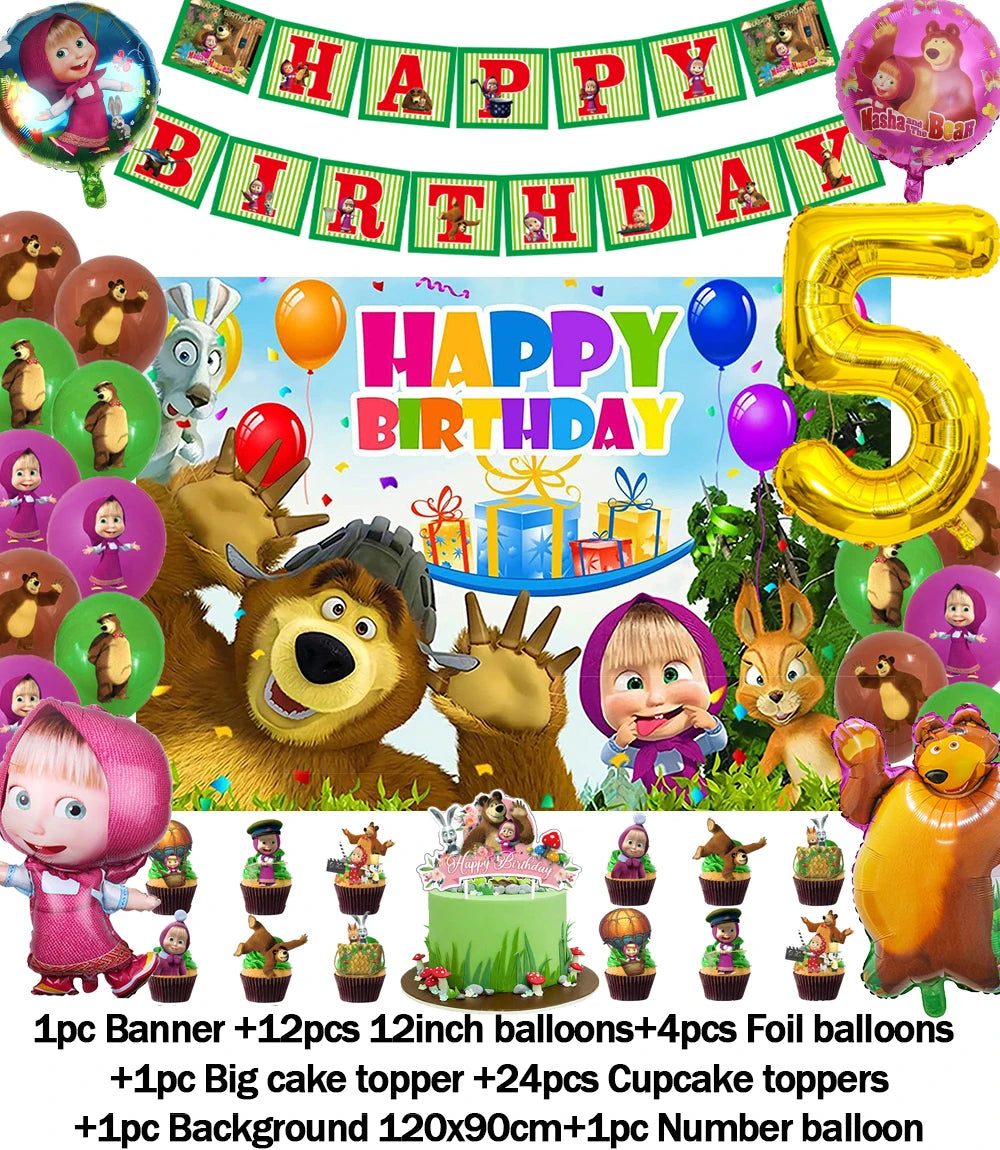 Cartoon Girl-Mashas-And Bear Kids Birthday Party Digital Balloon Banner Background Cake Topper Decoration Supplies Baby Gifts