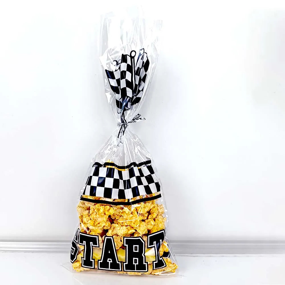 10-50pcs Race Car Cellophane Candy Bags Checkered Racing Flag Treat Bags Goodie Bags Racing Car Themed Birthday Party Supplies