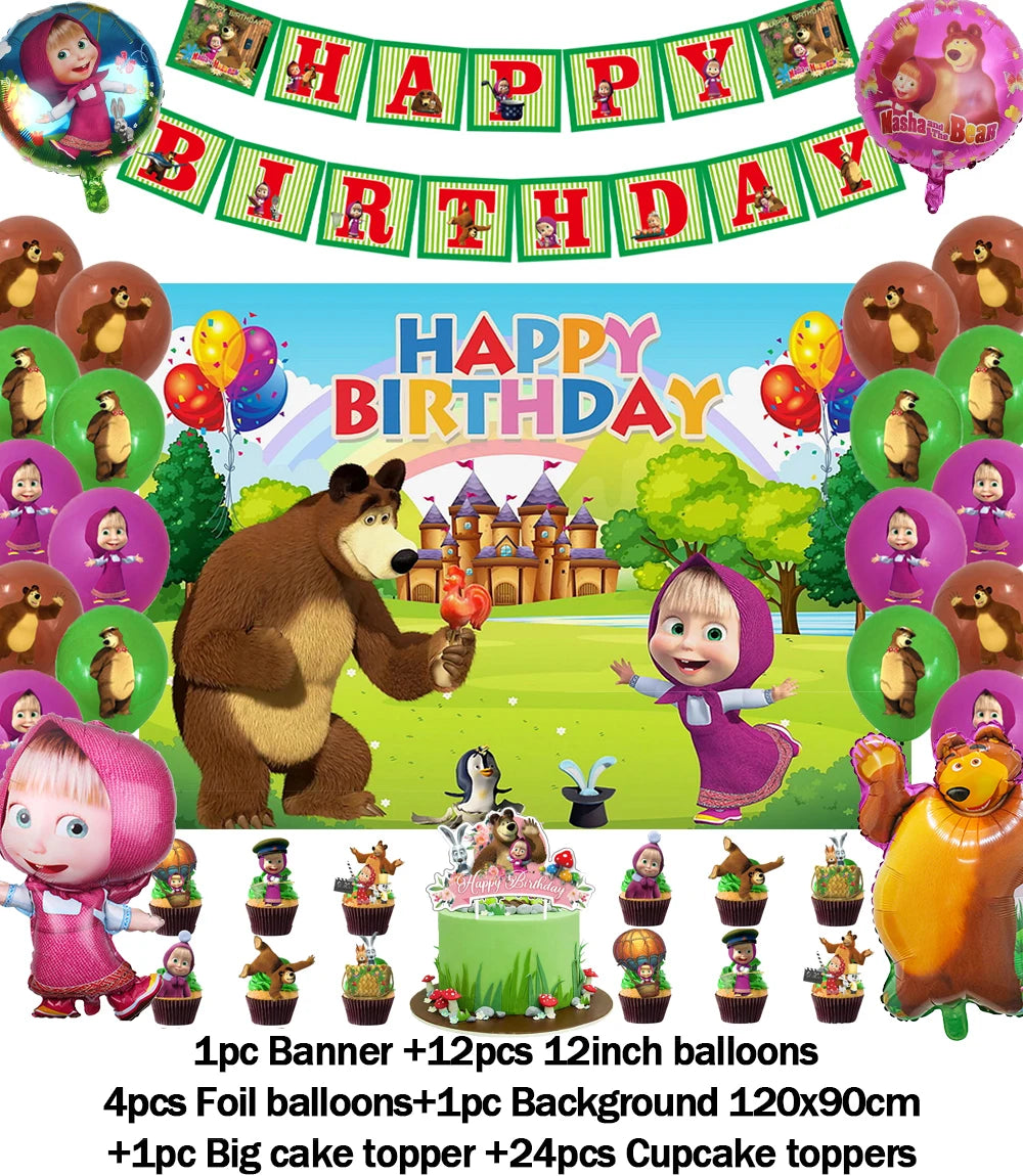 Cartoon Girl-Mashas-And Bear Kids Birthday Party Digital Balloon Banner Background Cake Topper Decoration Supplies Baby Gifts