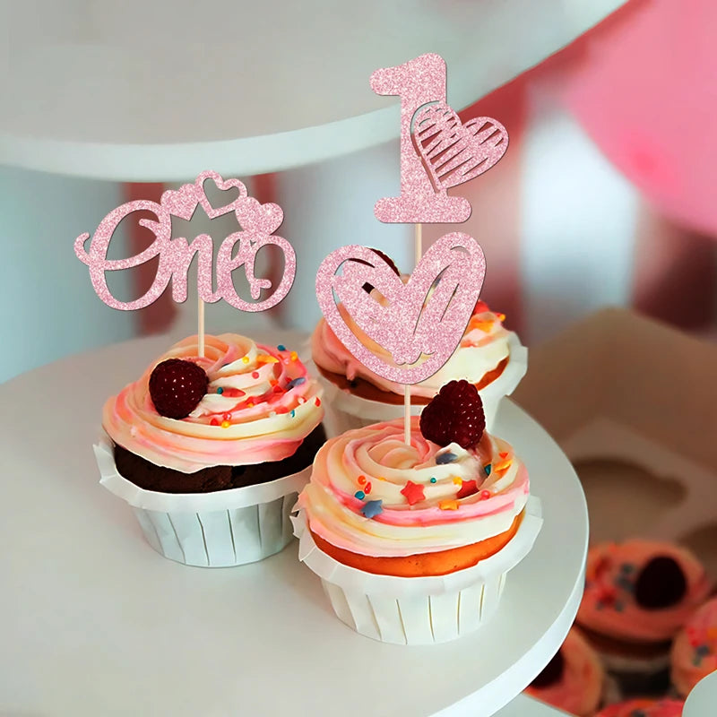 YOMDID 24Pcs Valentine's Day Cupcake Picks 1st Birthday Cupcake Toppers One Love Heart Picks Cake Decorations Party Supplies