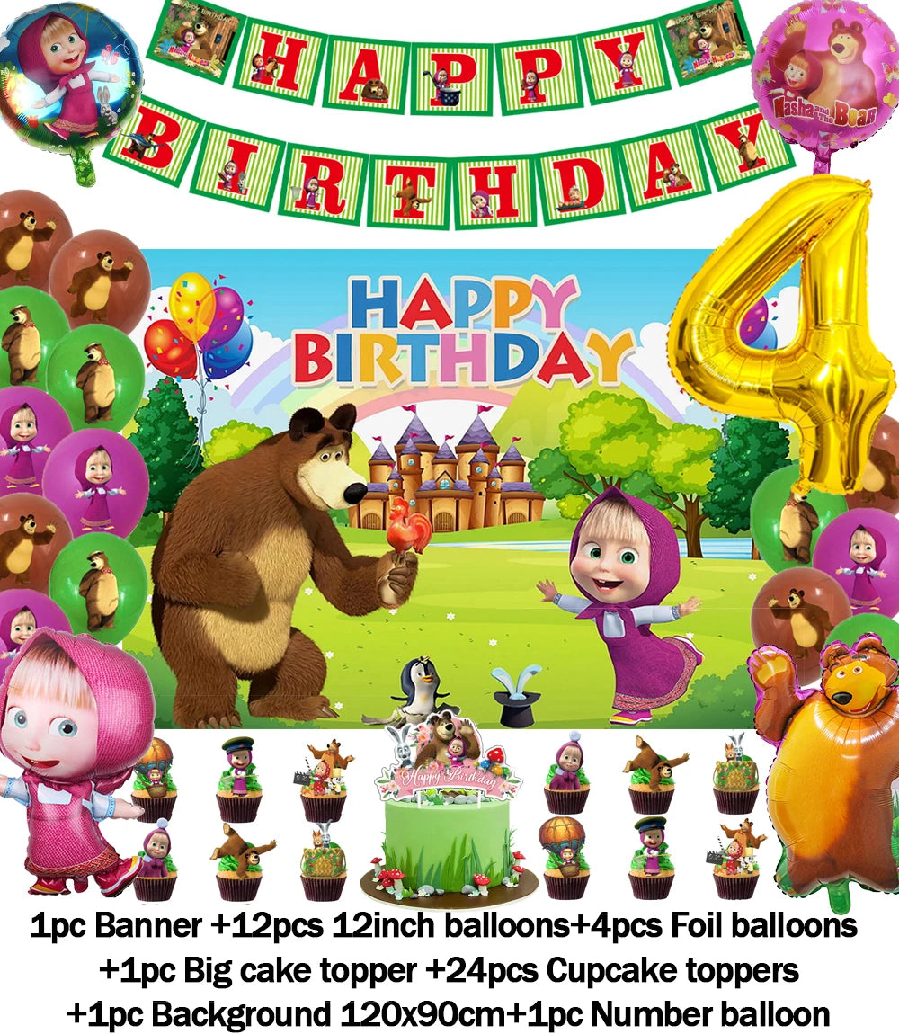 Cartoon Girl-Mashas-And Bear Kids Birthday Party Digital Balloon Banner Background Cake Topper Decoration Supplies Baby Gifts