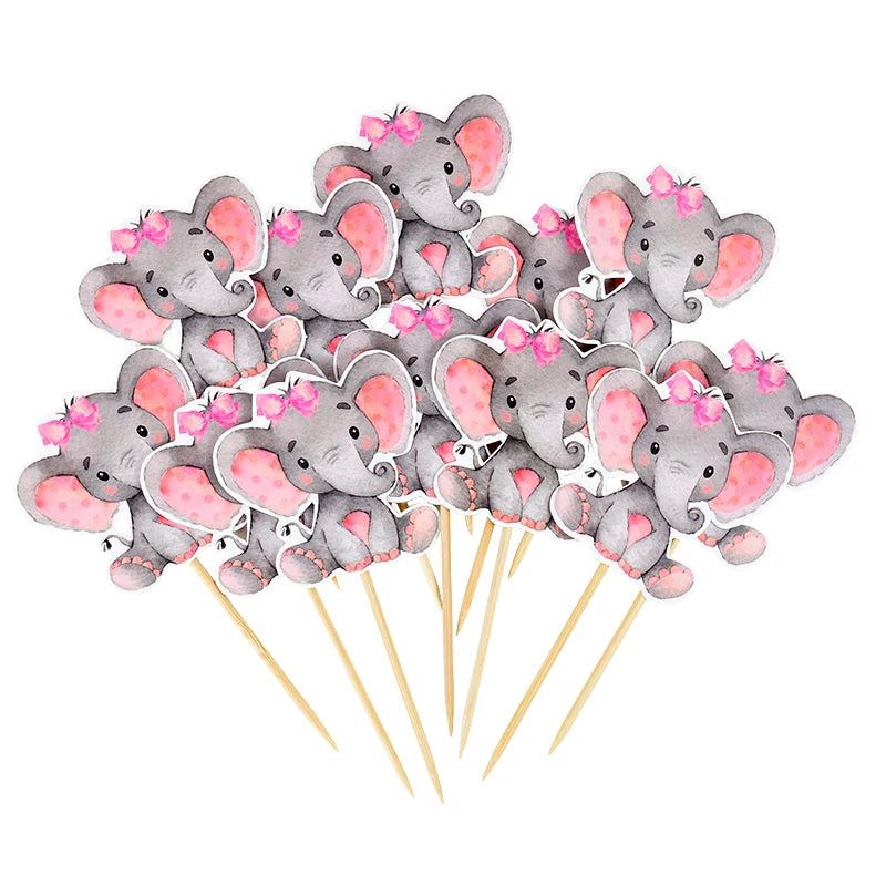 12Pcs Blue Pink Elephant Cupcake Topper Kids Birthday Baby Shower Elephant Cake Decoration Boy Girl Gender Reveal Party Supplies