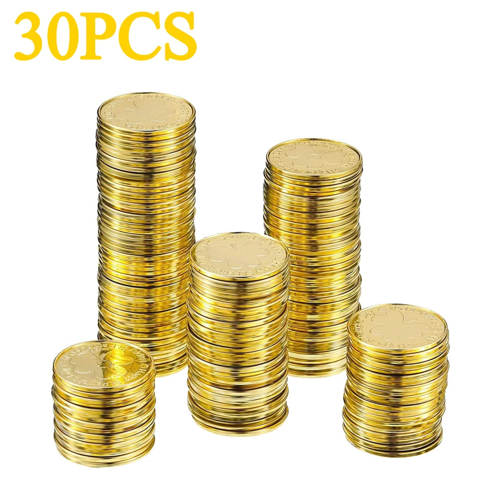 10-100Pcs St Patricks Day Prop Coins Green Gold Clover Lucky Shamrock Party Decoration Props Party Gifts Favors Green Coins Toys