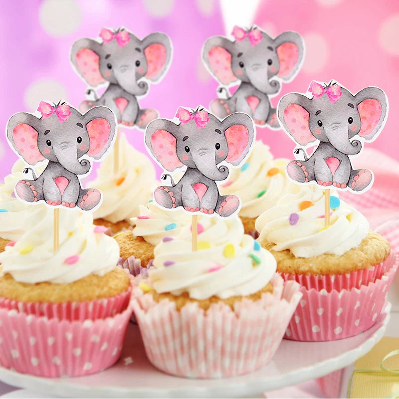 12Pcs Blue Pink Elephant Cupcake Topper Kids Birthday Baby Shower Elephant Cake Decoration Boy Girl Gender Reveal Party Supplies