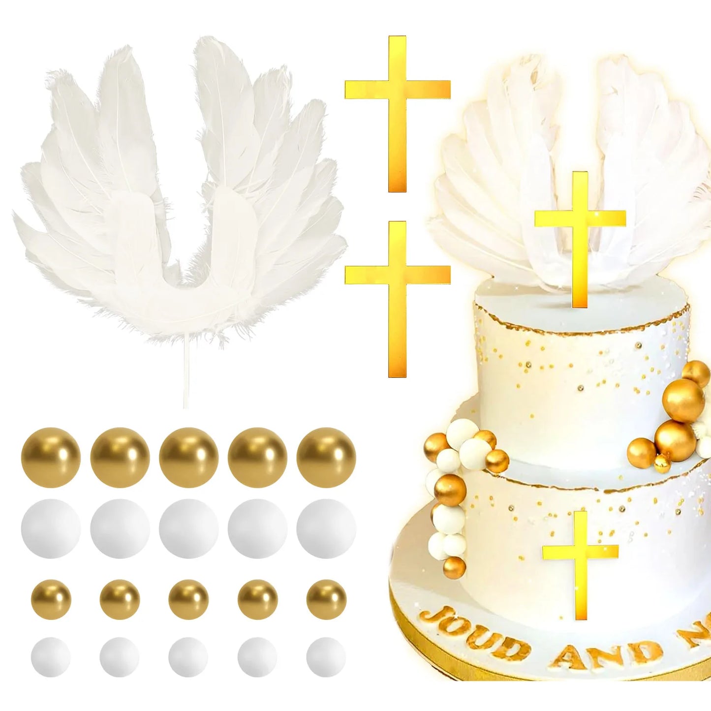 White Feathers Cake Decoration Baptism Cake and Angel Cake Decoration Cross Decoration Baptism Party Favors Baptism Party