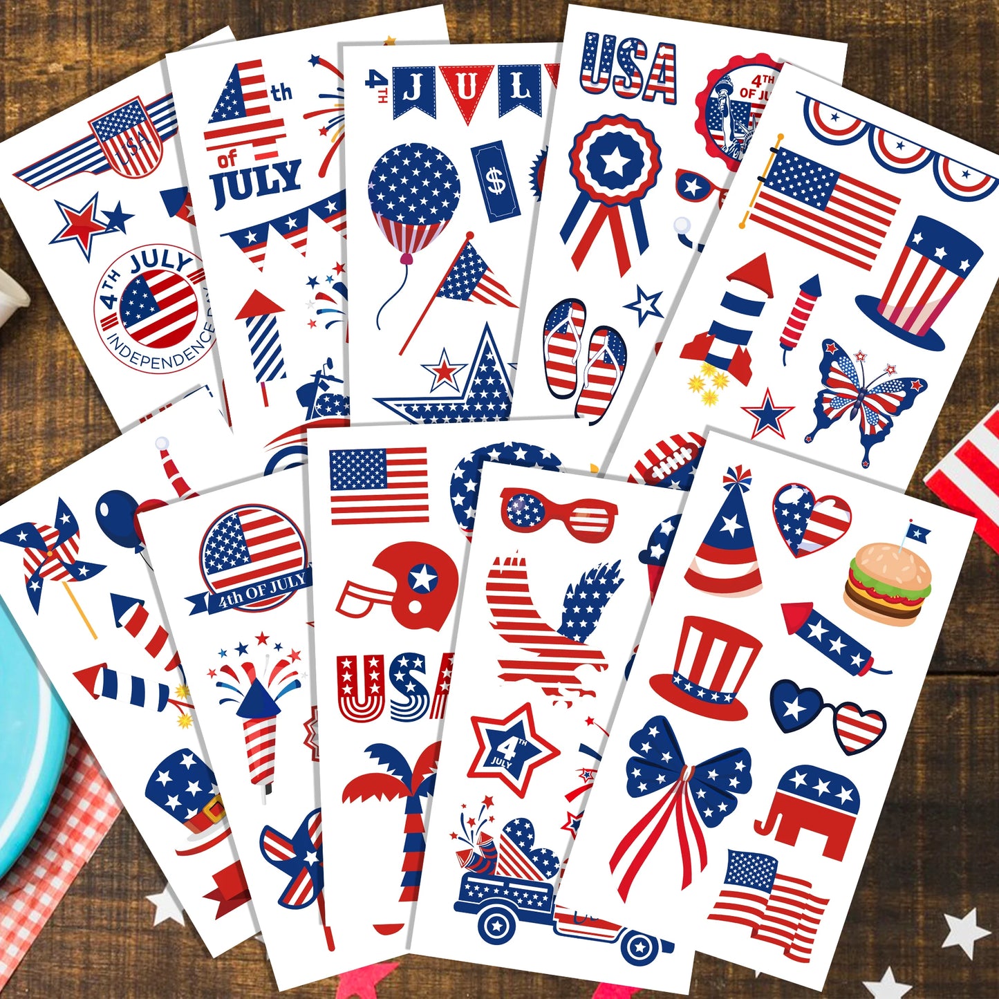 July 4th Day Independence Day Party Photobooth Props, Temporary Tattoo, Tablecover, Cake Stand, Washi Tape, Scrapbook Paper