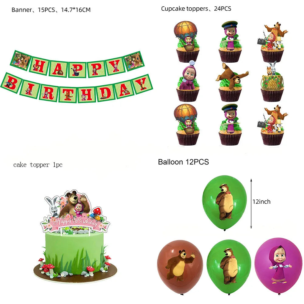 Cartoon Girl-Mashas-And Bear Kids Birthday Party Digital Balloon Banner Background Cake Topper Decoration Supplies Baby Gifts
