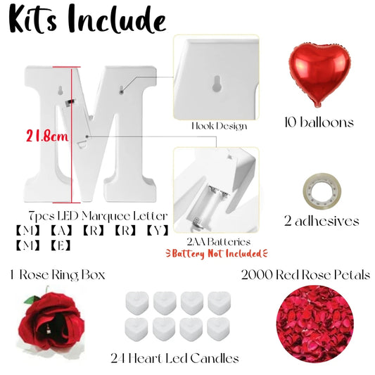 Proposal Decorations Kit Marry Me Light Up Letters 2000 Rose Petals 24 Flameless Candles for Valentine Day Proposal Engagement
