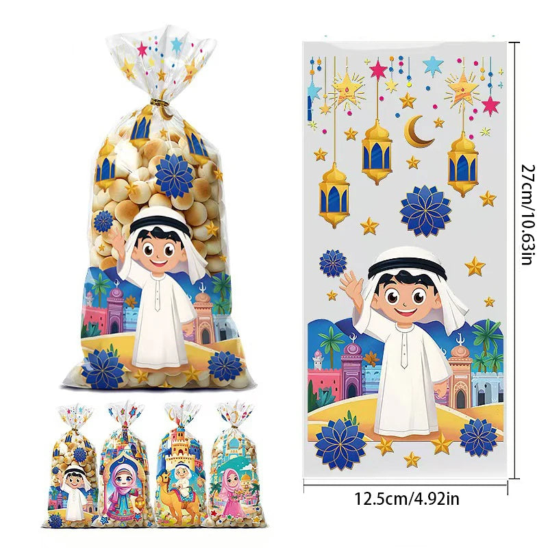 50pcs Eid Mubarak Gift Bags Plastic Cellophane Treat Bags Ramadan Decorations Clear Goodie Candy Bags for Hajj Mubarak Decor