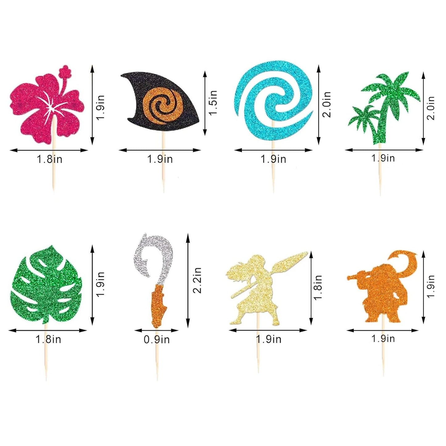Moana Cake Topper Glittery Cupcake Toppers Hawaiian Birthday Party Decoration for Tropical Luau Summer Party Baby Shower Wedding