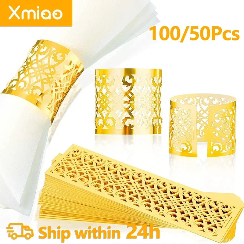 100/50Pcs Napkin Ring Hollow Pattern Gold and Silver Napkin Ring Wedding Party Table Decoration Supplies Wedding Decoration