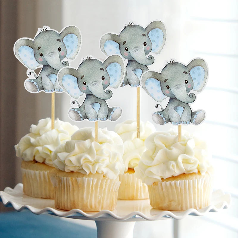 12Pcs Blue Pink Elephant Cupcake Topper Kids Birthday Baby Shower Elephant Cake Decoration Boy Girl Gender Reveal Party Supplies