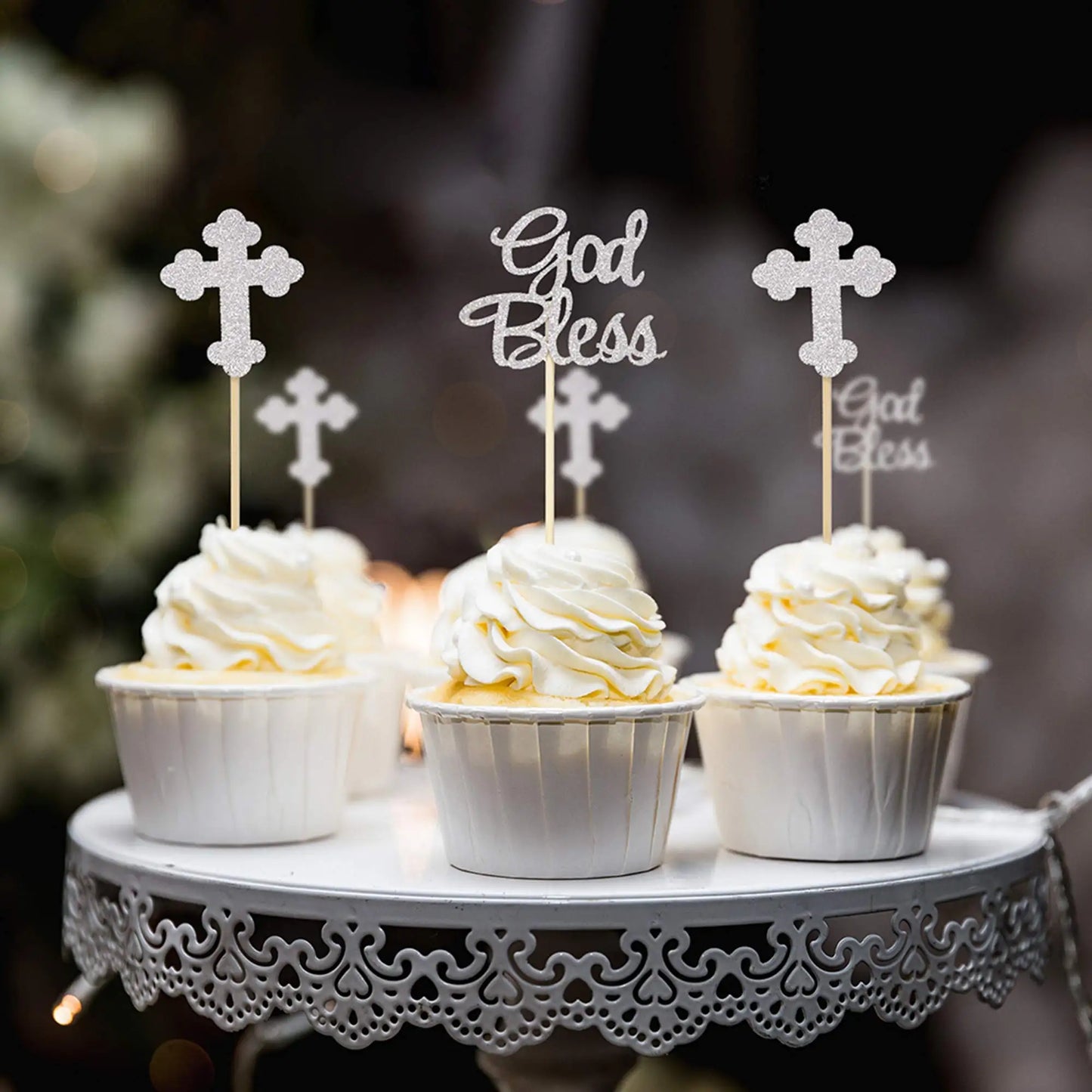 12pcs God Bless Cross Cupcake Toppers Baptism Party Decorations Glitter Bless Cake Topper Dessert Dress Up Baby Birthday