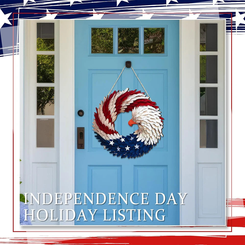 Independence Day Door Sign Wall Hanging Round Wooden Plaque Patriotic Front Door Decor 4th of July Festival Hanging Garland
