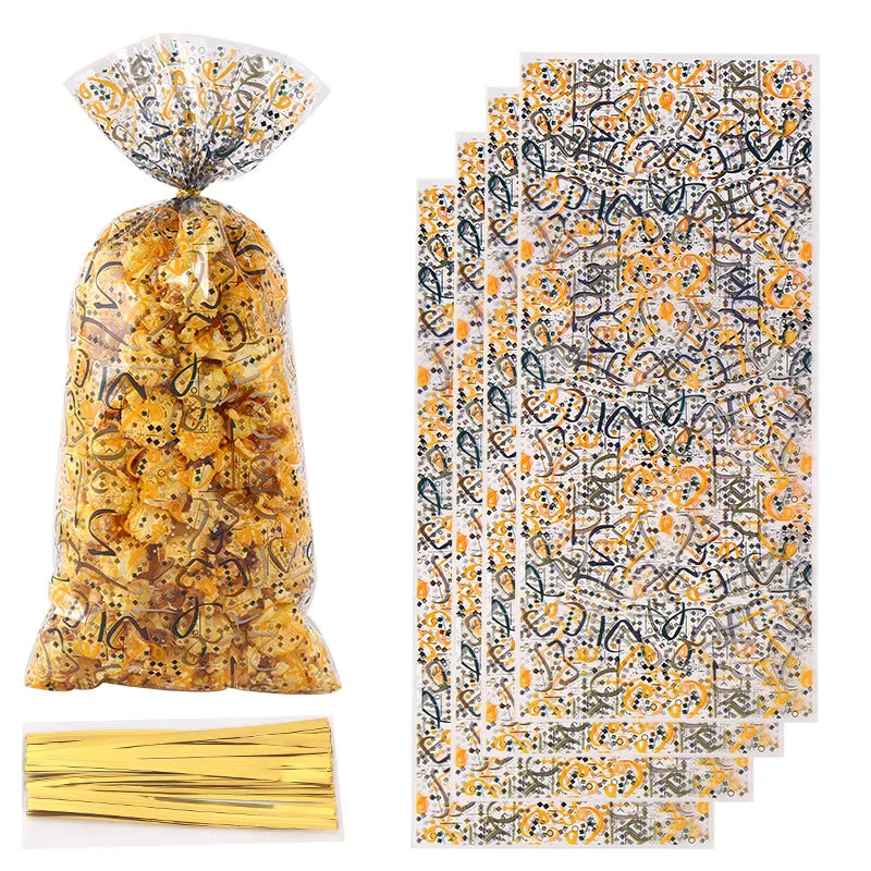50pcs Eid Mubarak Gift Bags Plastic Cellophane Treat Bags Ramadan Decorations Clear Goodie Candy Bags for Hajj Mubarak Decor