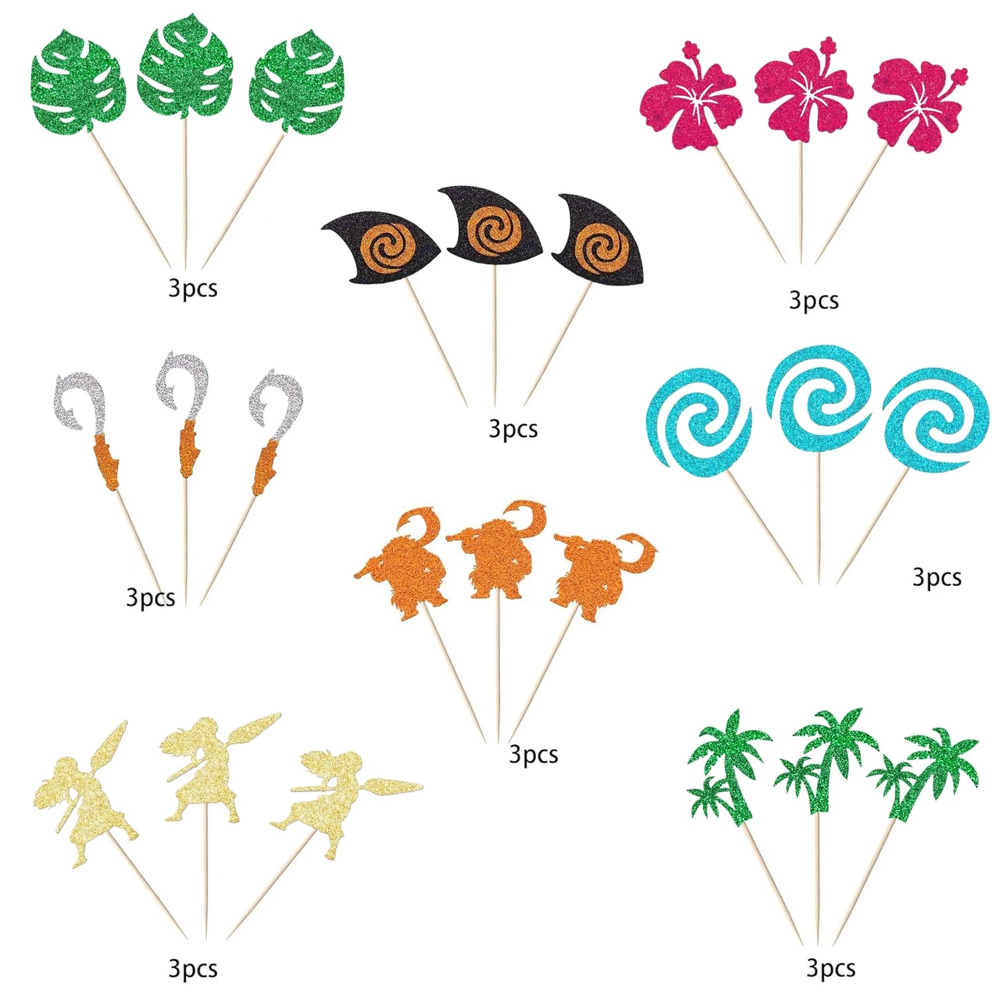 Moana Cake Topper Glittery Cupcake Toppers Hawaiian Birthday Party Decoration for Tropical Luau Summer Party Baby Shower Wedding