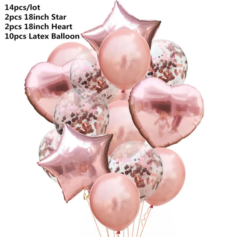 14pcs Rose Gold Mix Star Heart Confetti Latex Balloons Birthday Party Decorations Kids Adult Wedding Anniversary Globos Supplies