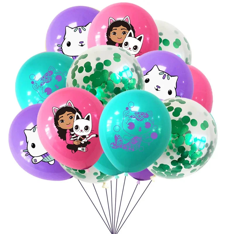 10/15pcs 12 Inch Gabby Dollhouse Cat Latex Sequin Balloon Set Baby Shower Party Balloon Decoration Girl Birthday Party Supplies