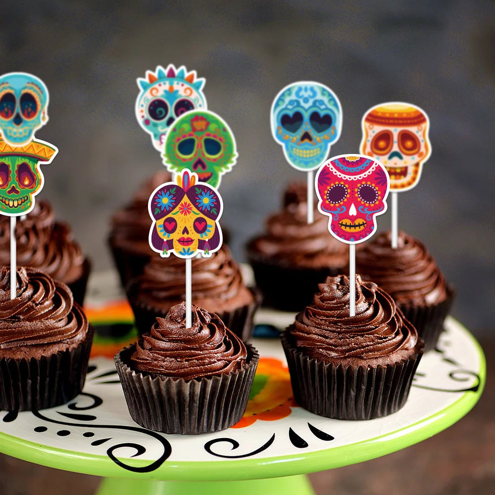 Mexico Day of the Dead Cake Decoration,Mexican Skulls Paper Baking Cake Toppers Party Decoration Insert,Skull Cake Inserts,12pcs