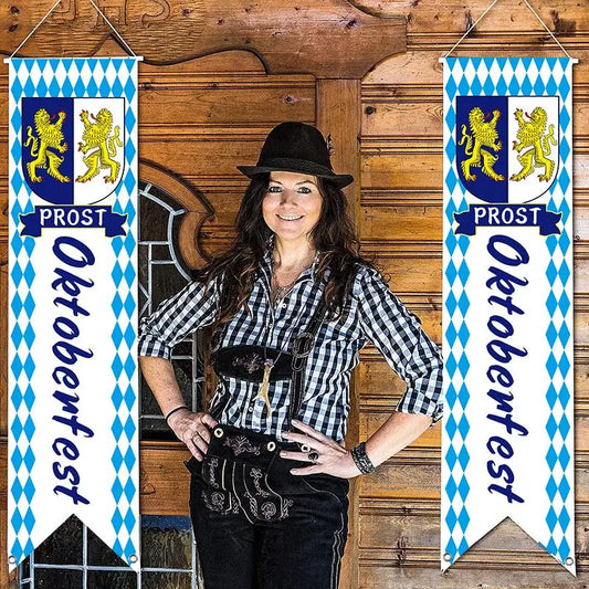 A Pair of Banner Oktoberfest Decorations Bavarian Check Flag Banner Sign Porch Welcome Banner Sign for German Theme Party