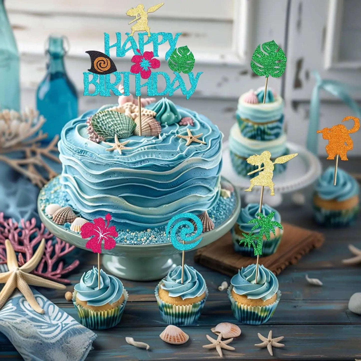 Moana Cake Topper Glittery Cupcake Toppers Hawaiian Birthday Party Decoration for Tropical Luau Summer Party Baby Shower Wedding