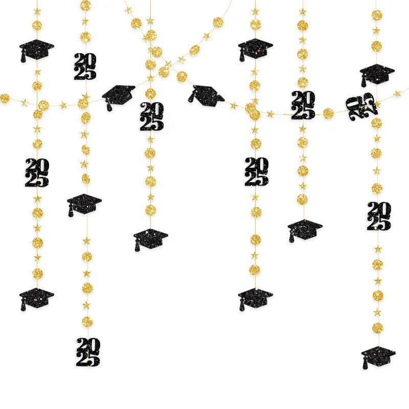4M Glitter Paper Black Gold Graduation Garlands Streamer 2025 Graduation Party Hanging Ornaments Home Decoration