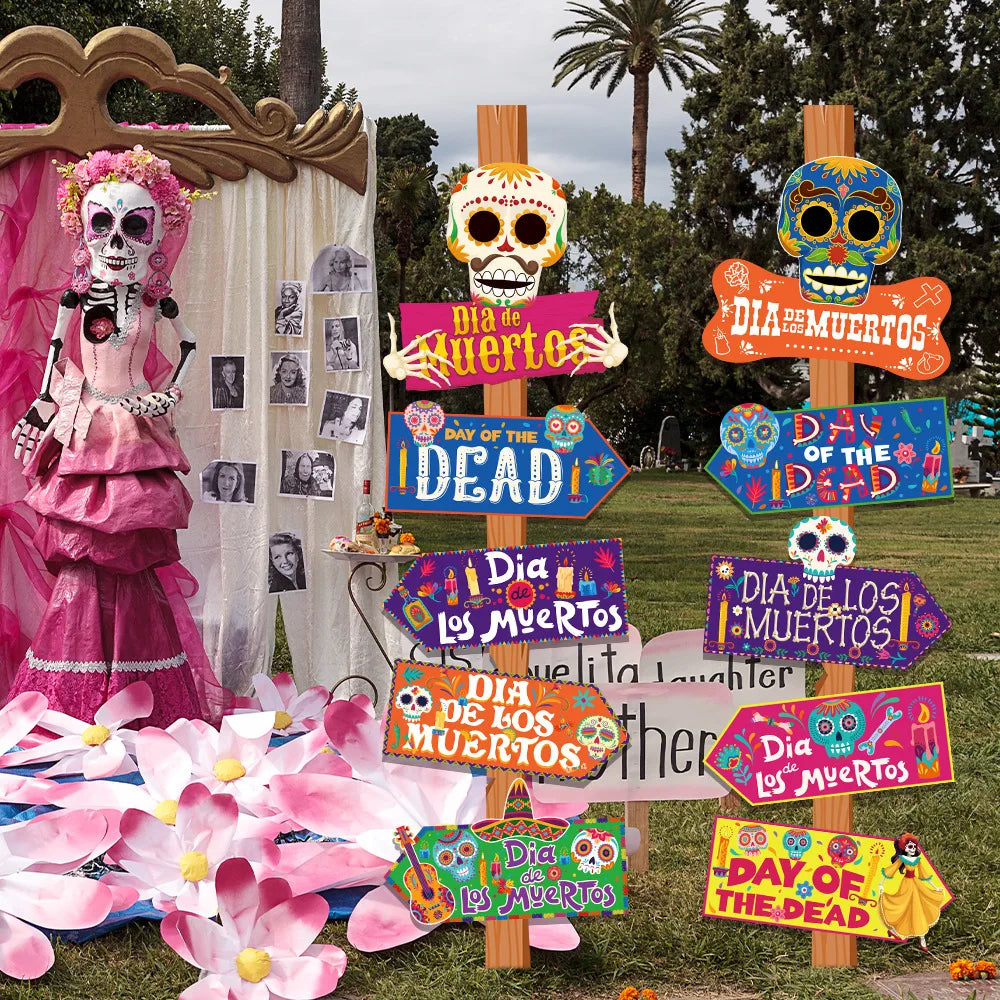 New Day of the Dead Party Skull Signs Lawn Stakes Paper Direction Signs Party Decorations