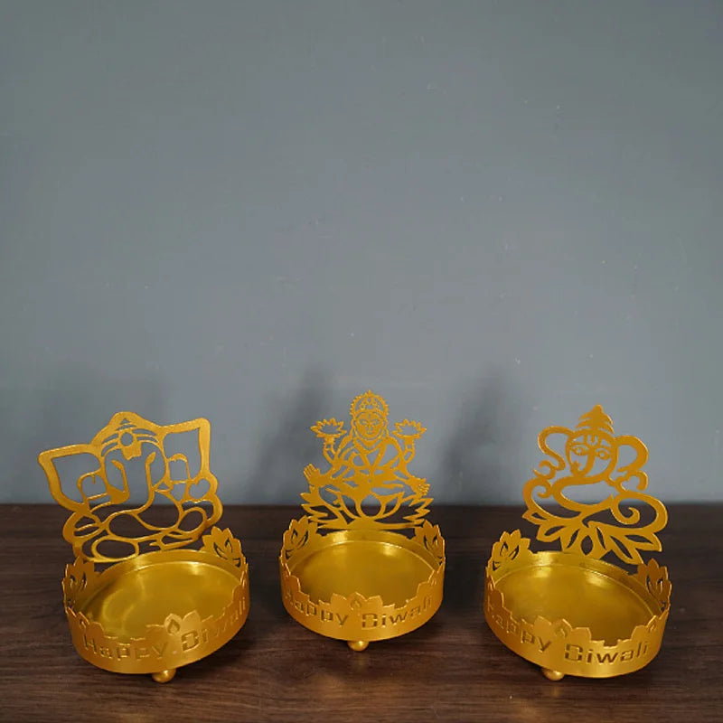 1Pc Art Metal Buddha Statue Candle Holder Crafts Home Decoration Hollow Shadow Diwali Festival Fortune Candle Lamp